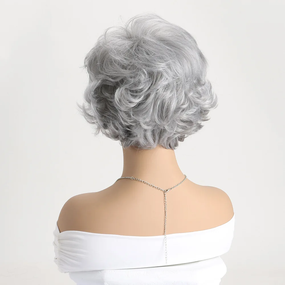 Synthetic Silver Grey Wavy Wigs for Women Short Curly Wig With Bangs Hair Wigs Daily Use Cosplay Fake Hair