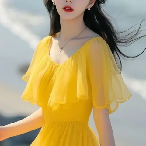 Elegant French Yellow Midi Dress Beach Summer Slimming Red V-neck Short Sleeve Knee-length Dress for Women
