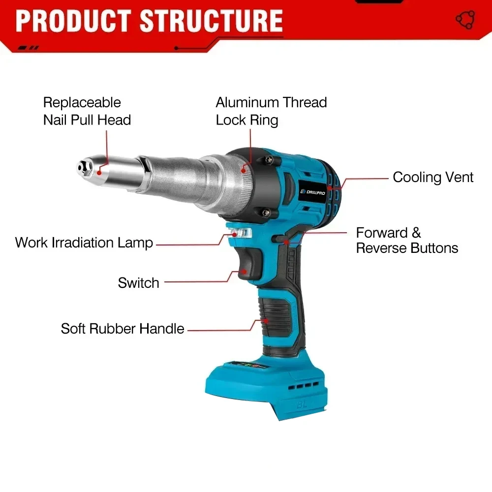 Drillpro Brushless Electric Rivet Gun 2.4~5.0mm Cordless Rivet Gun with 2000RPM Speed 588N. M For Makita 18V Battery