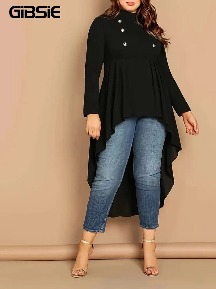 GIBSIE Plus Size Black Mock Neck Button Front Bluzki Damskie 2024 Jesień Nowa Moda Długi Rękaw Asymetryczne Wysokie Niskie Topy