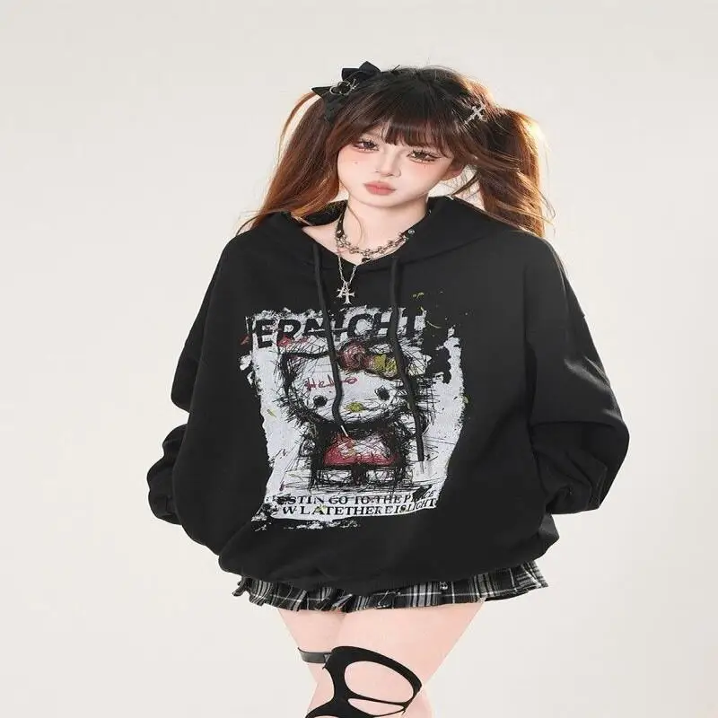 لطيف الكتابة على الجدران HelloKitty مطبوعة هوديي للرجال والنساء الخريف الكورية كسول نمط فضفاض هوديي معطف سانريو مرحبا كيتي الزي #2