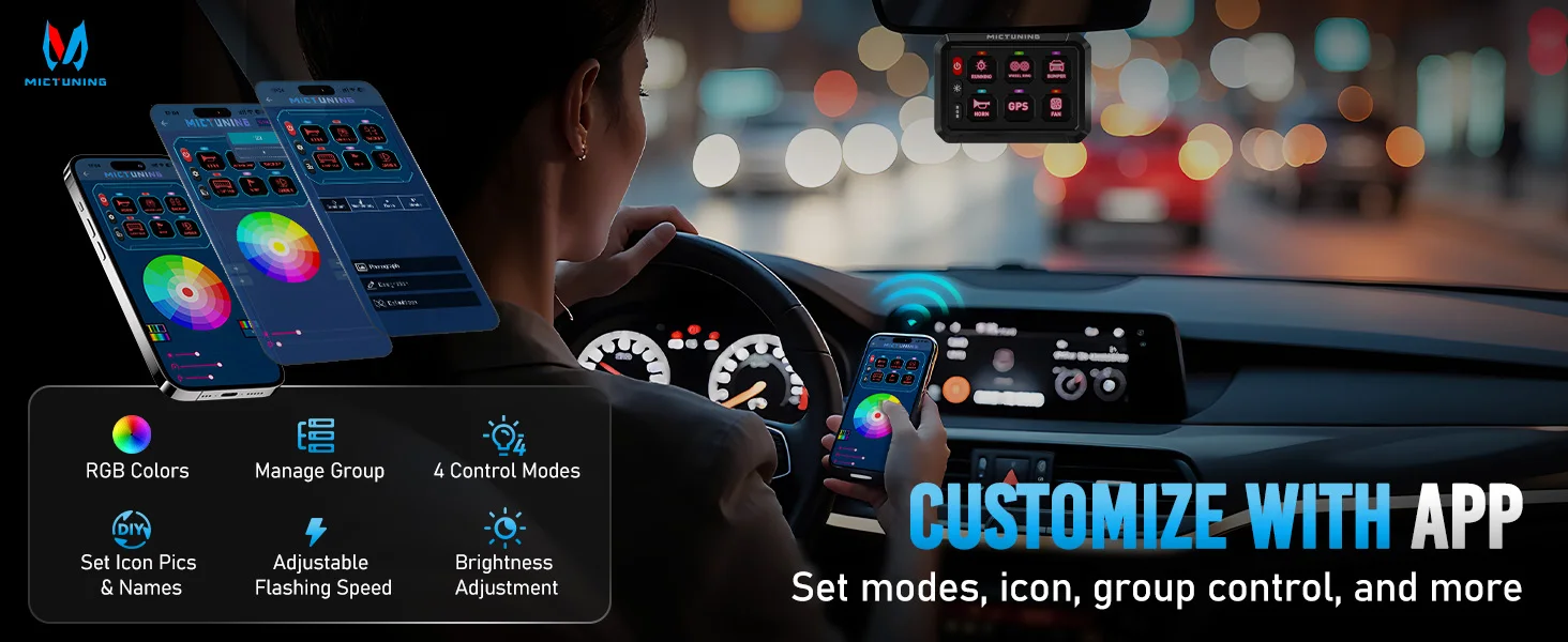 MICTUNING P1Y RGB 6-Gang-Schalttafel mit kabelloser Fernbedienung und App-Steuerung, Fernbedienung bis zu 230 Fuß, 12 V/24 V für LKW, Wohnmobil, Offroad – Detail 3