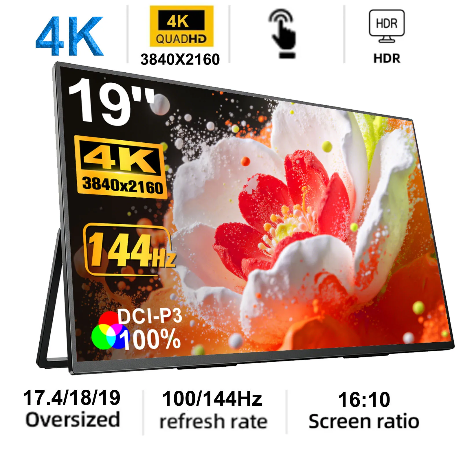 4K Gaming Portable Monitor 17.4/18.5/19 Inch 2160P 100Hz 144Hz HDR HDMI Type C for Phone,NS, PS5, XBOX, PC, Laptop Extend Screen