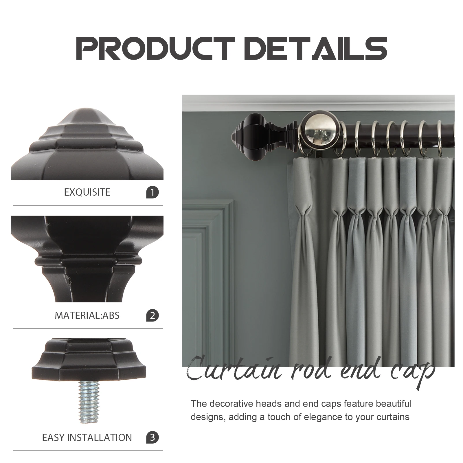 

2pcs Modern Curtain Rod Finials End Caps Decorative Replacement For Roman Roller Blinds Abs Matte Finish Easy