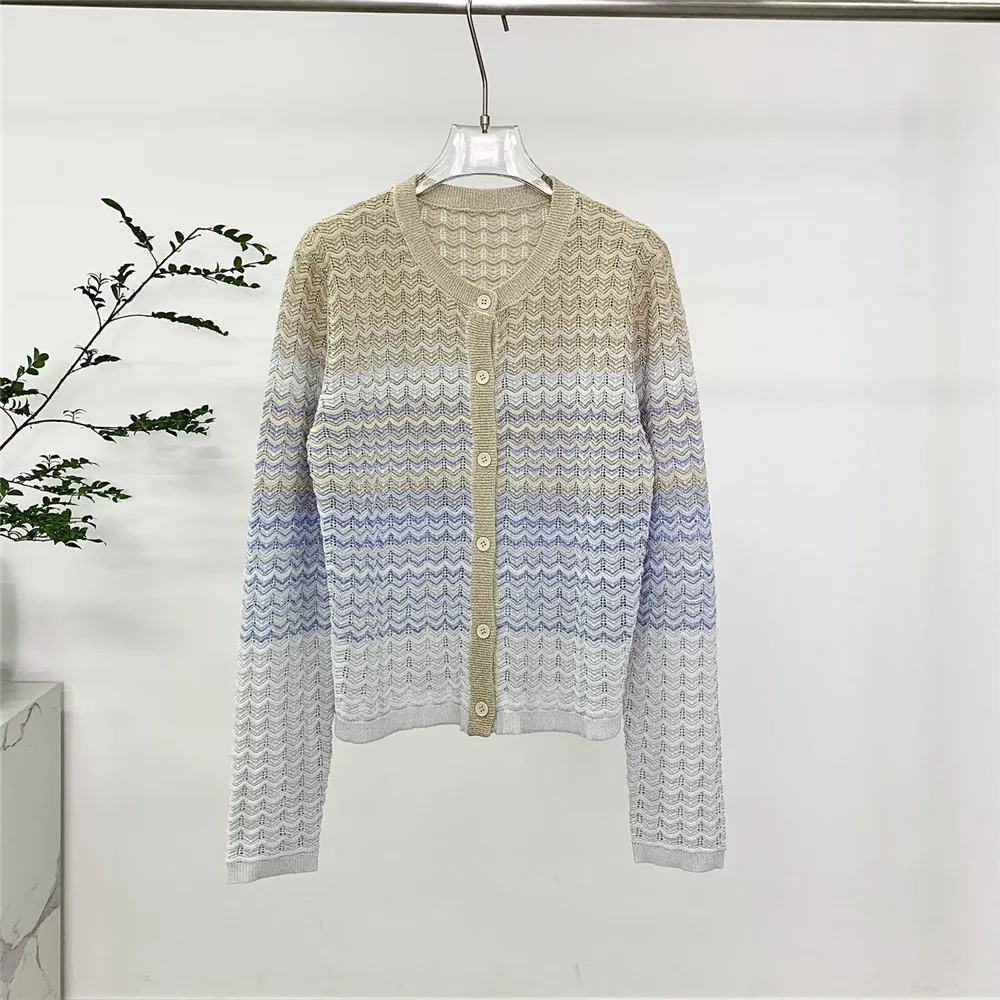 

2025 Spring/Summer New Women's Hollow Round Neck Long Sleeve Knitted Cardigan Top