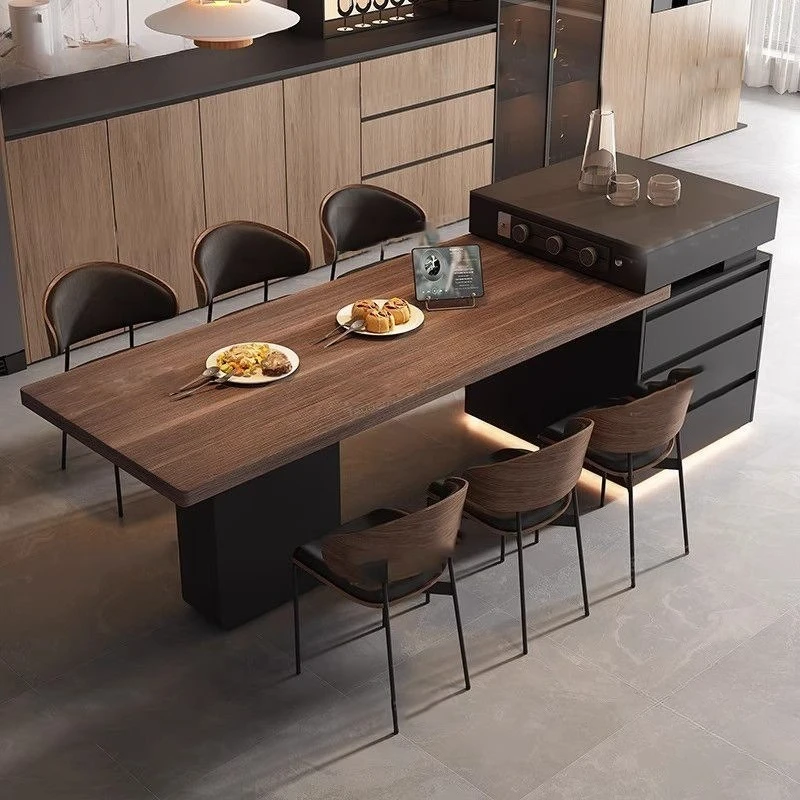 Wood grain rock slab island integrated household dining table and chair combination telescopic multi-functional kitchen storage