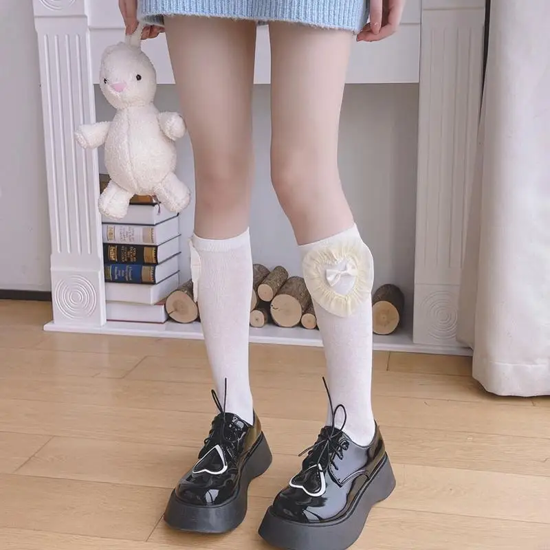 195E Damskie skarpetki w kształcie serca z kokardką w stylu Japońskie panieńskie piękne skarpetki z łydką Harajuku