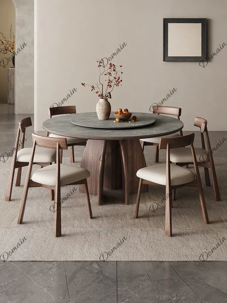 Modern Round Dining Table with Lazy Susan, Solid Wood & Ceramic Stone Top, Italian Minimalist Wabi-Sabi Style for 4-8 Persons