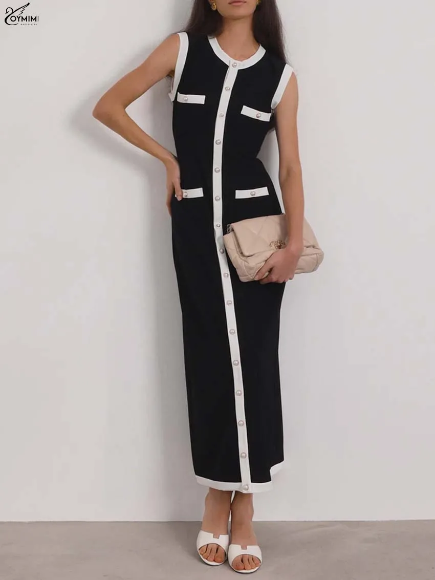

Oymimi Fashion Black Patchwork Dresses 2025 Woman Elegant O-Neck Sleeveless Pocket Dresses Casual Single Breasted Straight Dress