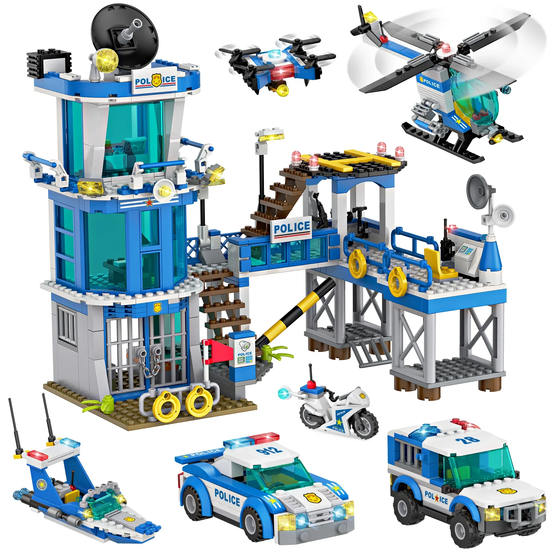 

City Police Station Guard Building Blocks Set Speedboat Helicopter Car SWAT Prison Figures Bricks Educational Toys Gift For Kids