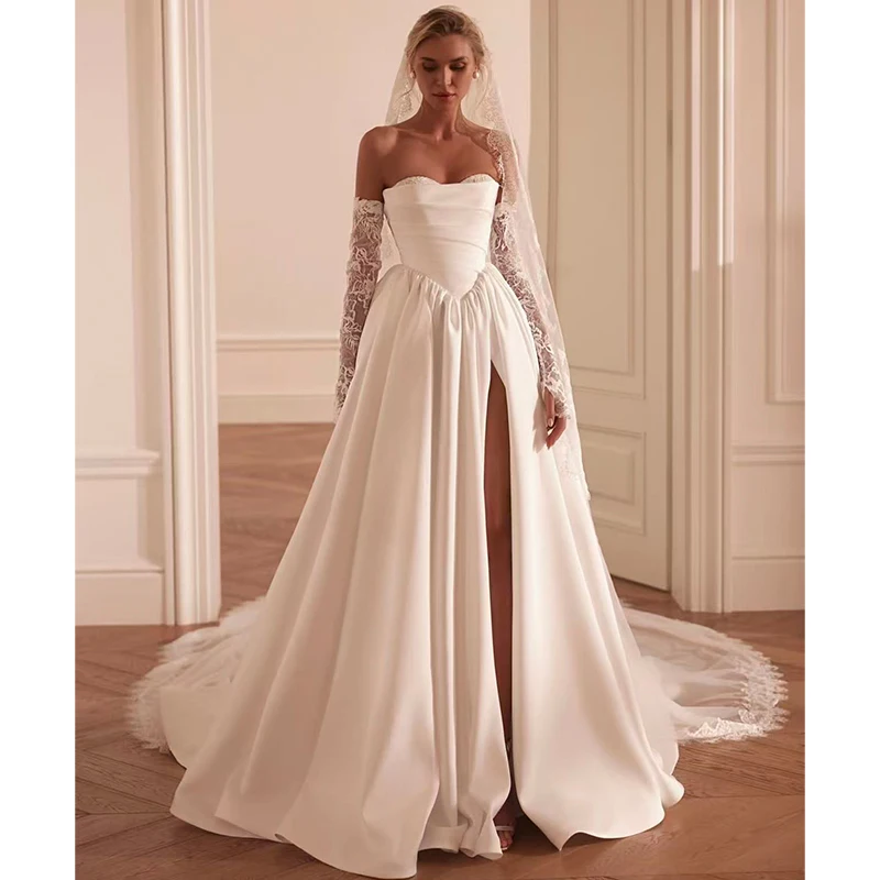 

Vintage Wedding Dress Satin With Split A-Line Ball Gown Strapless Detachable Sleeve Customized Bride Lace Up Vestido De Novia