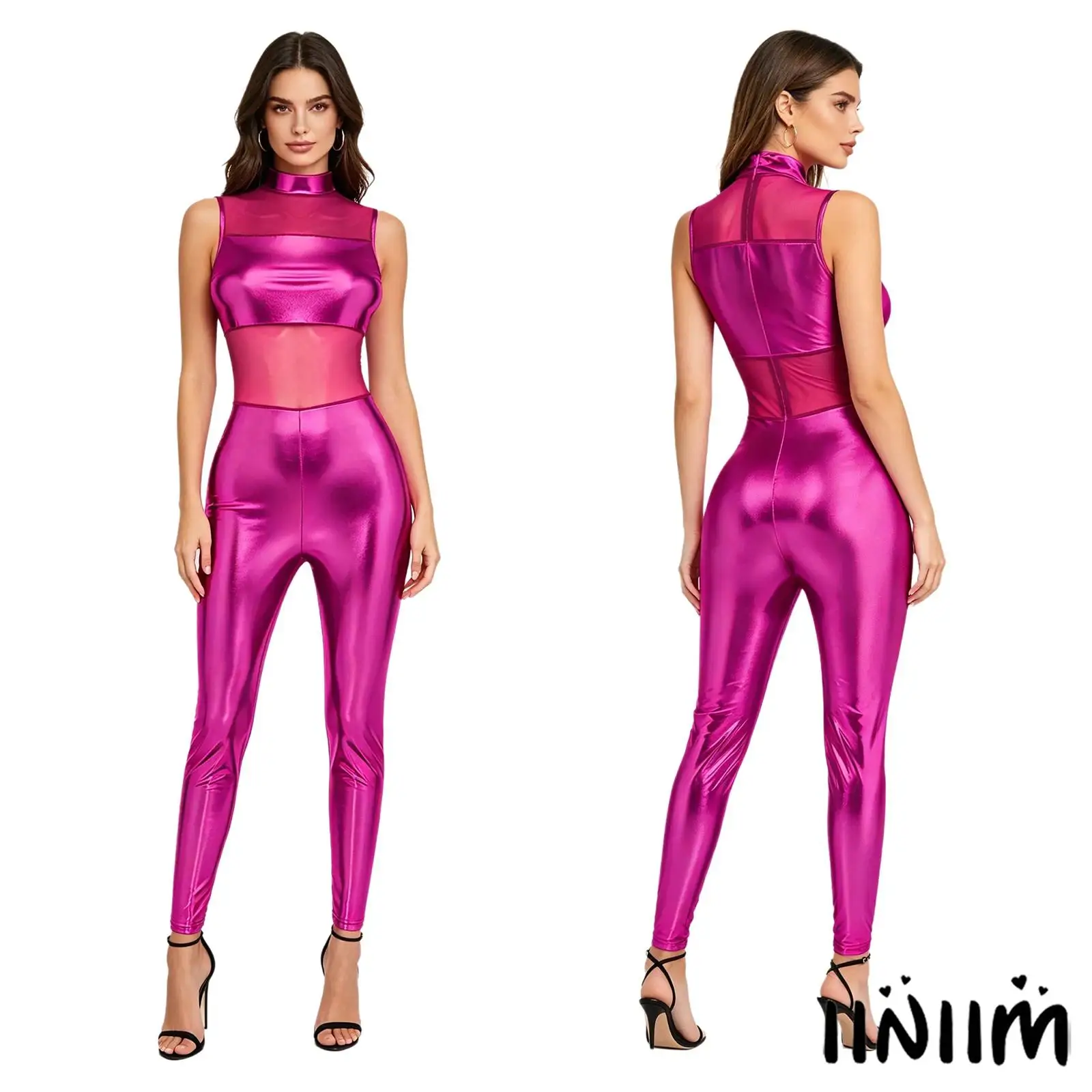 

Womens Metallic Shiny Disco Clubwear Jumpsuit with Sheer Mesh Patchwork Mock Neck Sleeveless Skinny Leggings Bodysuit Catsuit