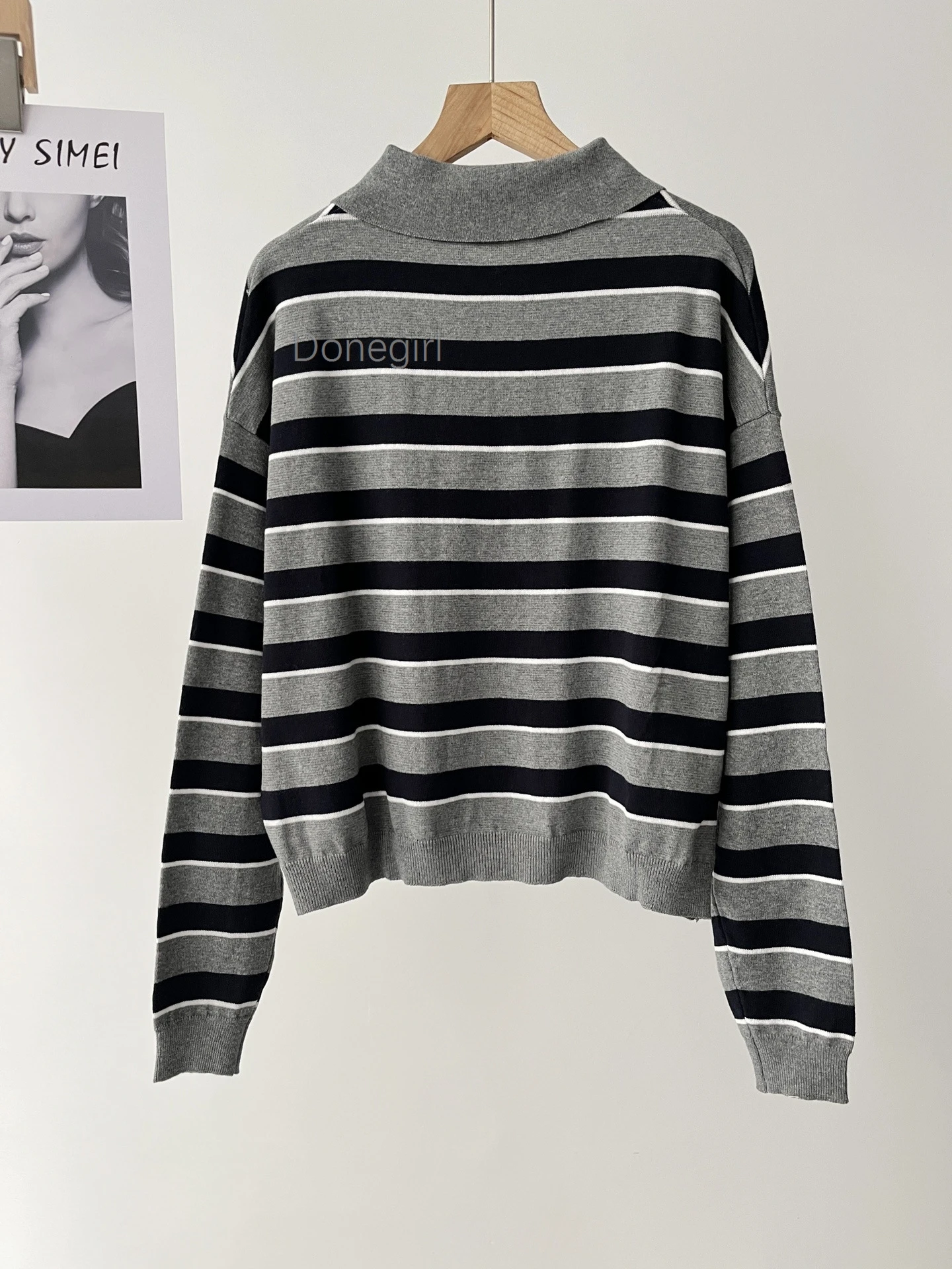 Autumn Winter POLO Collar Long Sleeve Comfortable Women Grey Strip Knitting Pullover Sweater Solid Color Elegant Femme Jumper