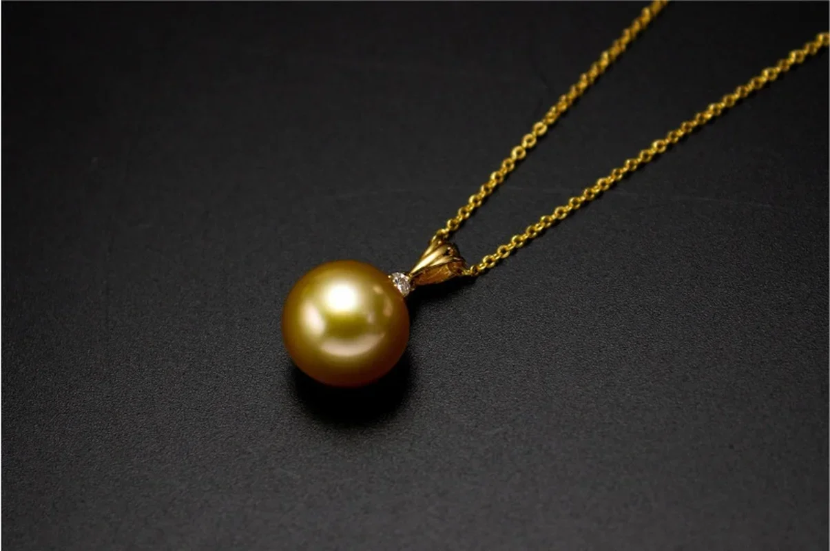 

Natural Charming 11-12mm Sea Genuine Golden Round Pearl Necklace for Women Necklace Pendnats 925 Sterling Silver Chains