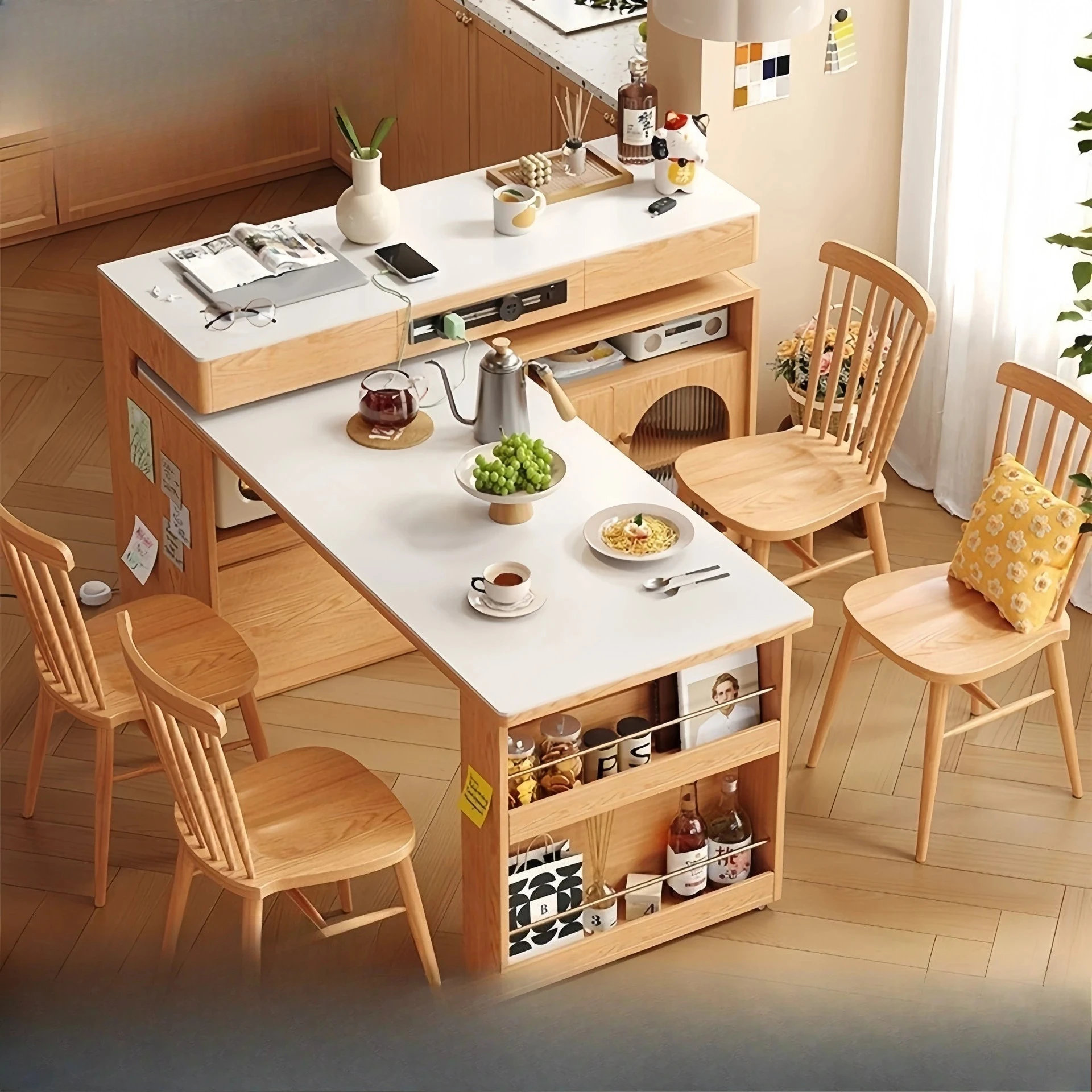 Drawer Kitchen Storage Table Wheels Socket Organizer Kitchen Extensible Dining Tables 4 Chairs Set Island Mesa Comedor Furniture