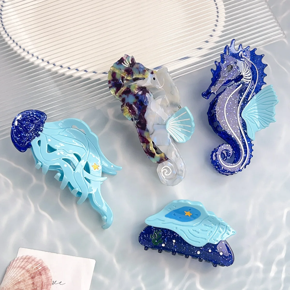 

New Ocean Series Acetate Clip Cartoon Shiny Seahorse Jellyfish Hairpin Holiday Style Conch Shark Clip Niche