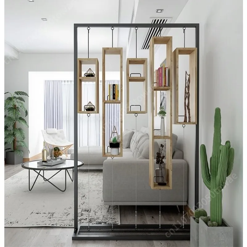 Industrial Style Room Divider with Hanging Wooden Shelves, Black Metal Frame Open Partition, Modern Floating Storage Shelf