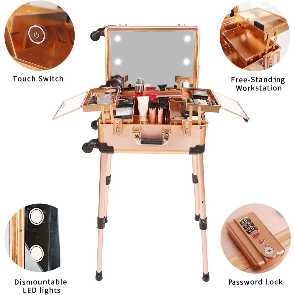 Medium Makeup Train Case with Code Lock, Lighted Mirror, Speaker Travel Cosmetic Organizer Box, Professional Artist Trolley