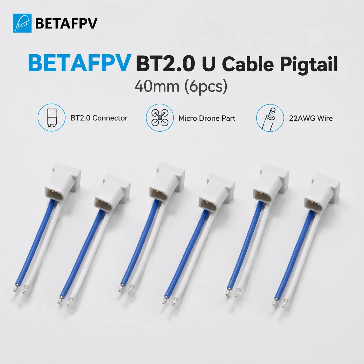 BETAFPV BT2.0 U Shaped Cable Pigtail 6PCS 40mm 22AWG Male Plug Power Wire For 1S FPV Micro Whoop Brushless Racing Quadcopter Kit