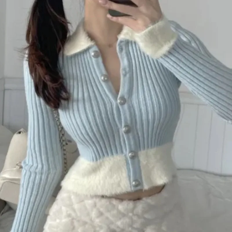 Chic Autumn Winter ort Sve Long Knitted Sweater Splice Single Button Sexy Girl Slim Fit Casual Sle Polyester Fiber