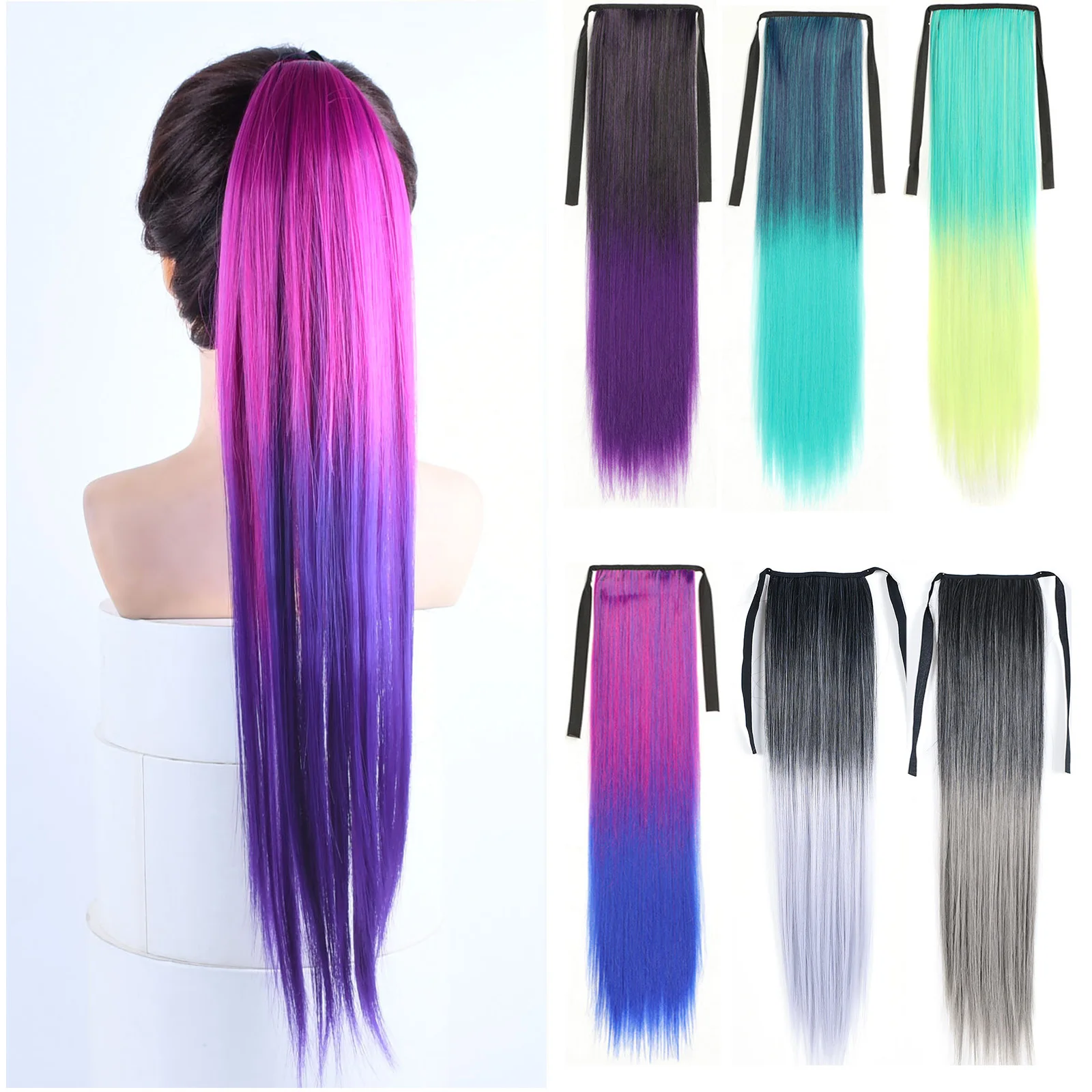 Jeedou Ponytails Rainbow Ombre Color Ribbon Drawstring Ponytail Extension Long Straight Synthetic Hairpiece Vitality Cosplay
