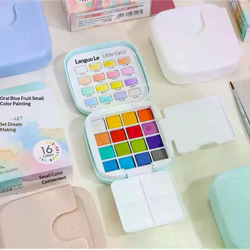 

1 комплект, коробка для рисования эскизов, 16 цветов, мини-набор однотонных акварельных красок с кистью и палитрой для художественного рисования, эскизов