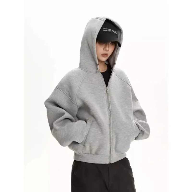 Retro Women's Zip Up Hoodie Sweatshirt Autumn Winter Fashion Harajuku Loose Hoodie Jacket Y2k Korean Solid Streetwear Kpop Tops