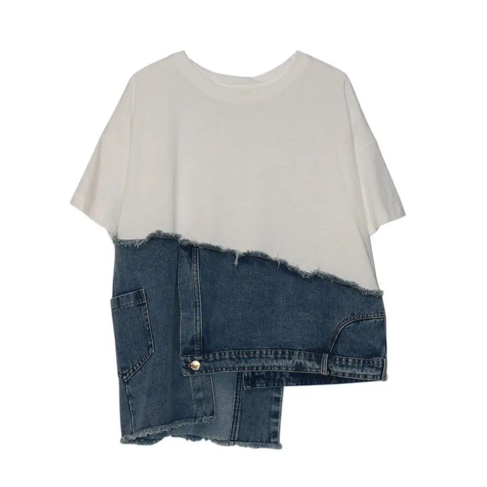Trendy Denim Sweatshirt Two-Piece Illusion Top European Style Crew Neck For Autumn Fashionable And Unique Top
