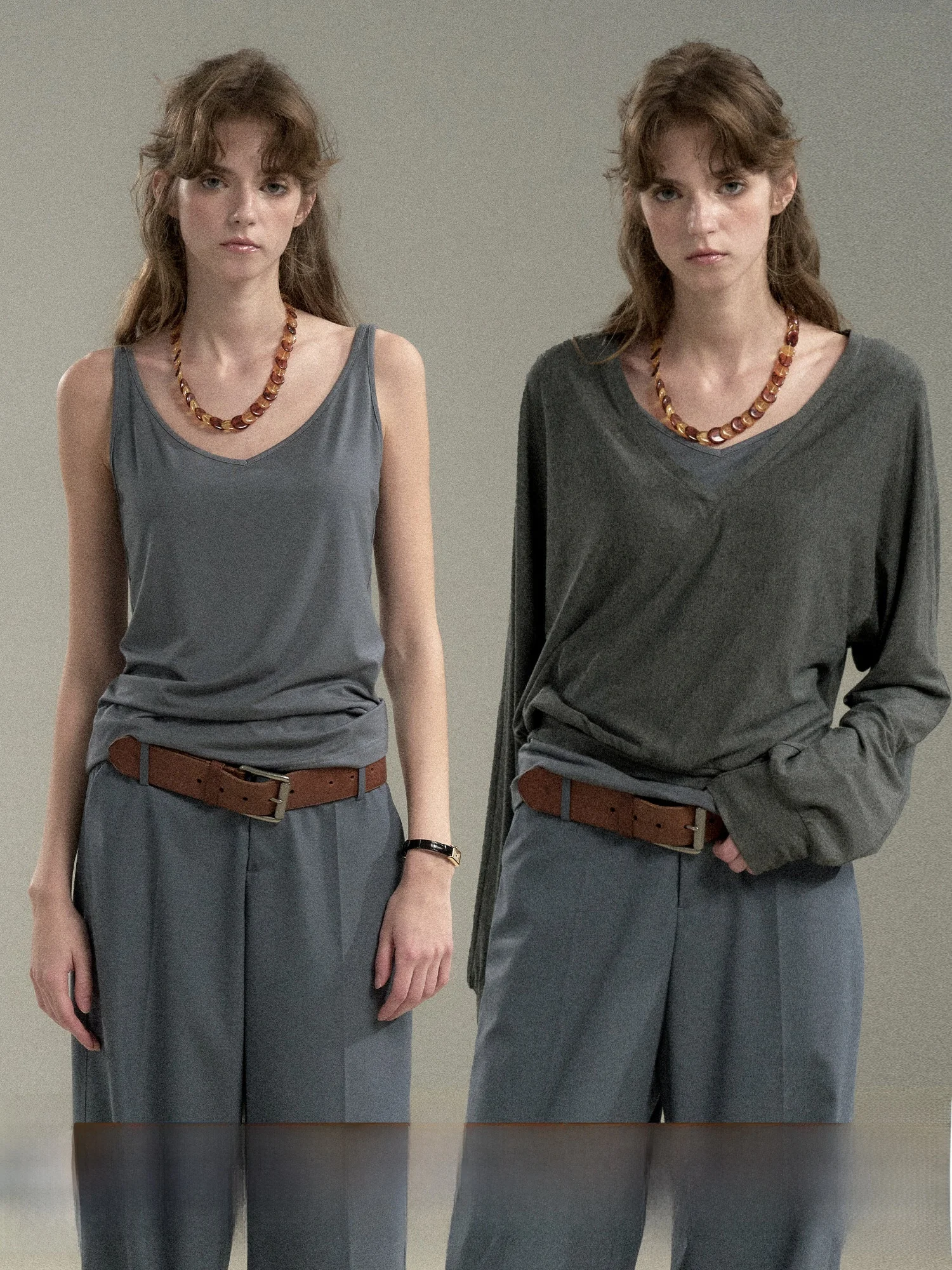 

Loose Fit Knitted Vest And Tank Top Set Women's Svel V-Ne Casual Wear Bamboo Fiber Pure Color Comfortable Two-Piece Set