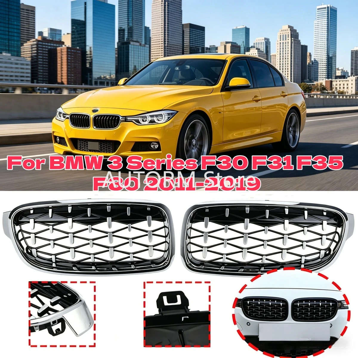 

Diamond Front Bumper Kidney Grill Estate Touring Racing Sport Grille For BMW 3 Series F30 F31 F35 F80 2011-2019 Car Accessories