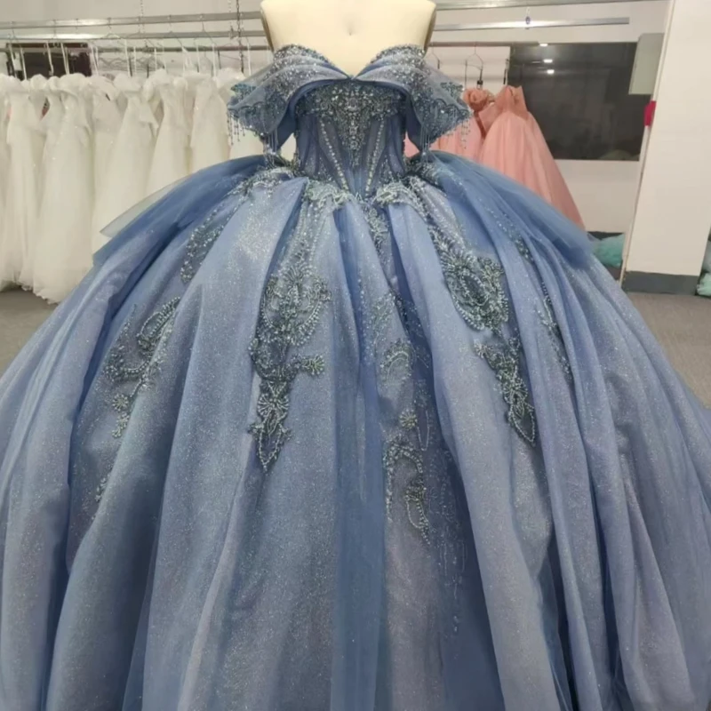 

Sea Blue Shiny Princess Off the Shoulder Sweet 16 Dress Quinceanera Dresses Applique Lace Beading Corset Bow Tull Party Birthday