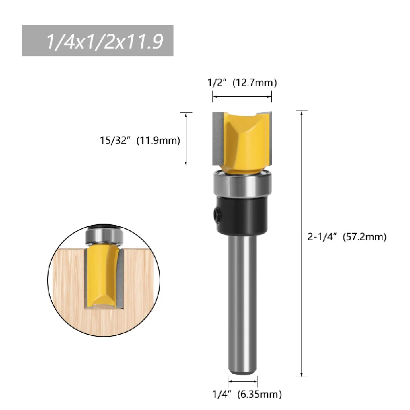 1/4 Shank Bearing Straight Cutter Three-Piece Set Four-Piece Set Contour Trimming Cutter Woodworking Milling Tool Double-Edged
