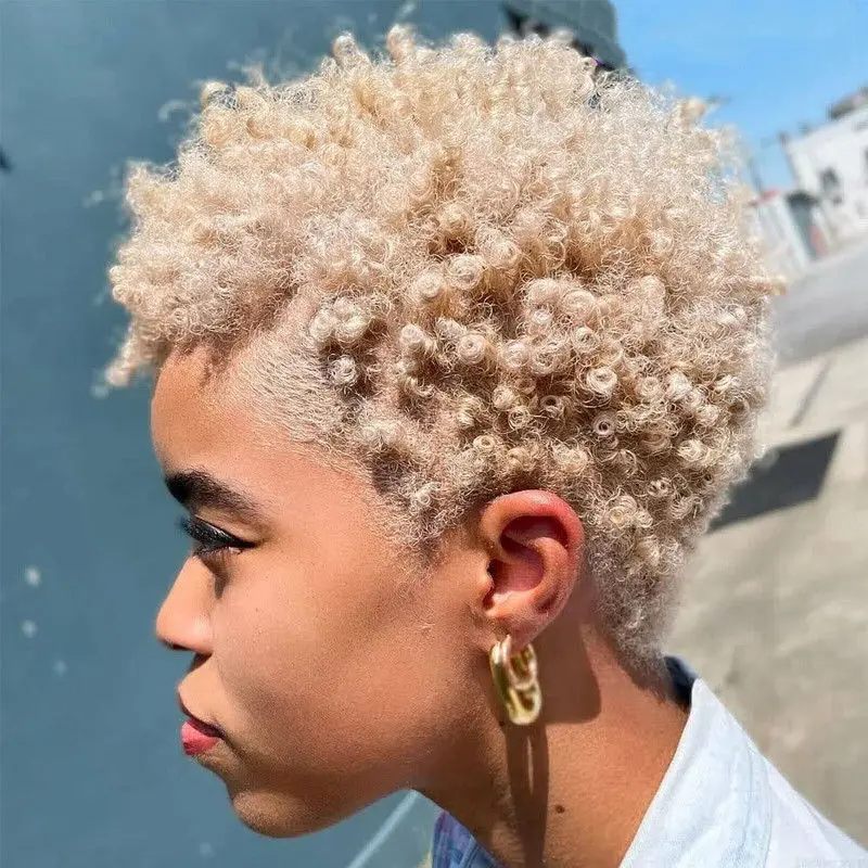 Short Pixie Cut Kinky Curly Blonde Synthentic Hair Wig Heat Fiber