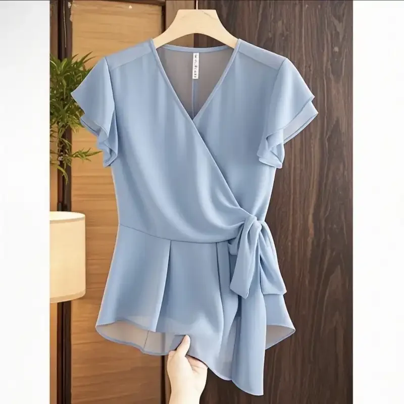 

V Neck Wrap Blouse Women Short Sleeve Ruffle Detail Elegant Summer Top With Tie Waist Loose Fit Casual Wear