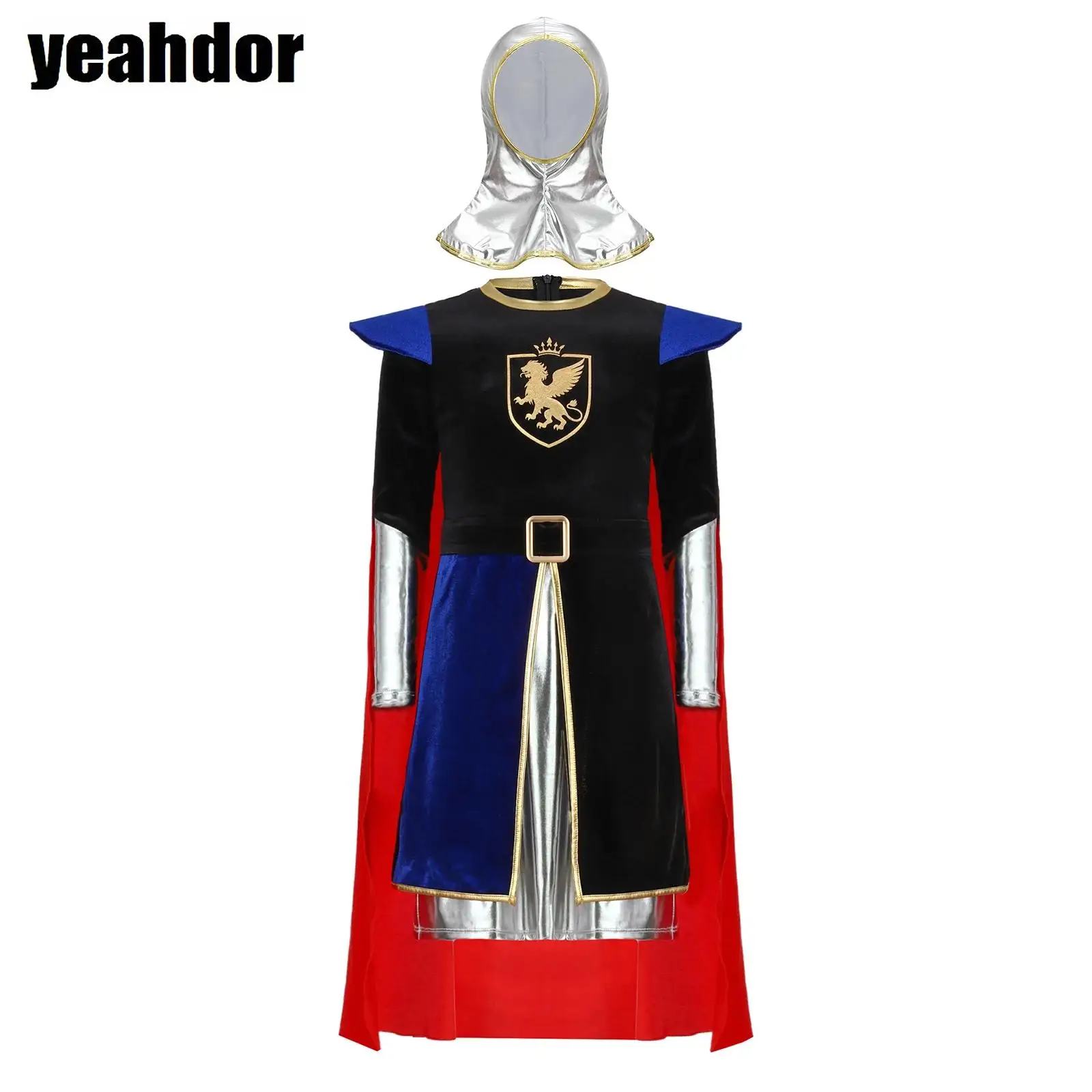 

Boys Medieval Knight Cosplay Costume Metallic Long Sleeve Knight Jacket Cape Top With Detachable Prince Cape Coif Halloween Set