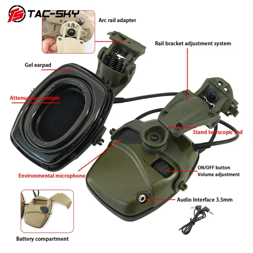 TS TAC-SKY Hearing Protection Noise Canceling Pickup Shooting Tactical Headset, ARC Rail Mount Adapter, Silicone Ears