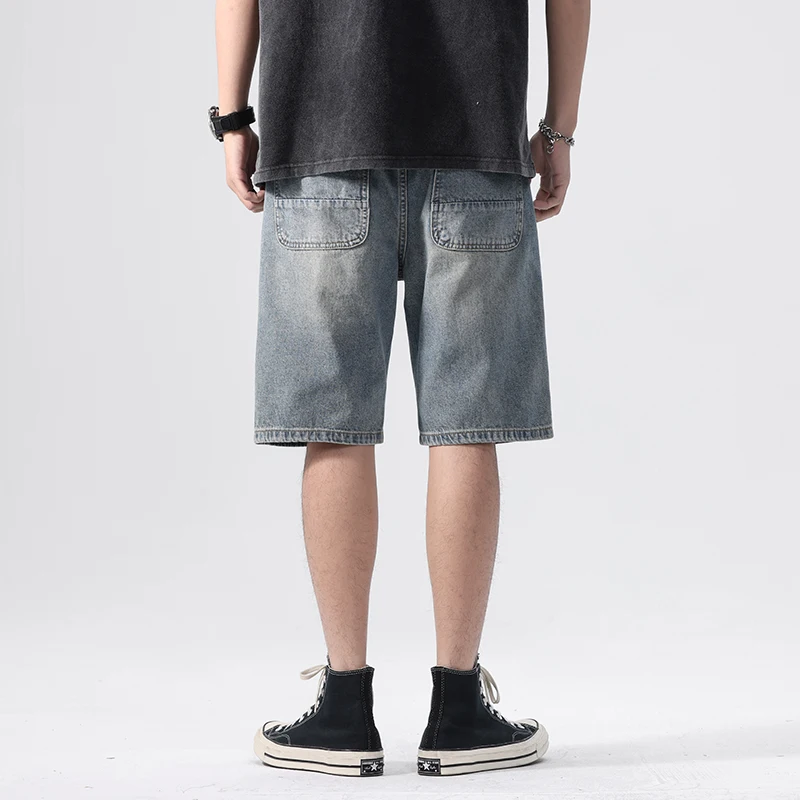 Celana Pendek Bermuda Lurus Longgar Gaya Jepang untuk Pria Pakaian Kerja Kasual Musim Semi/Musim Panas Jeans Denim Trendi Pakaian Jalanan Ukuran Besar 40 42