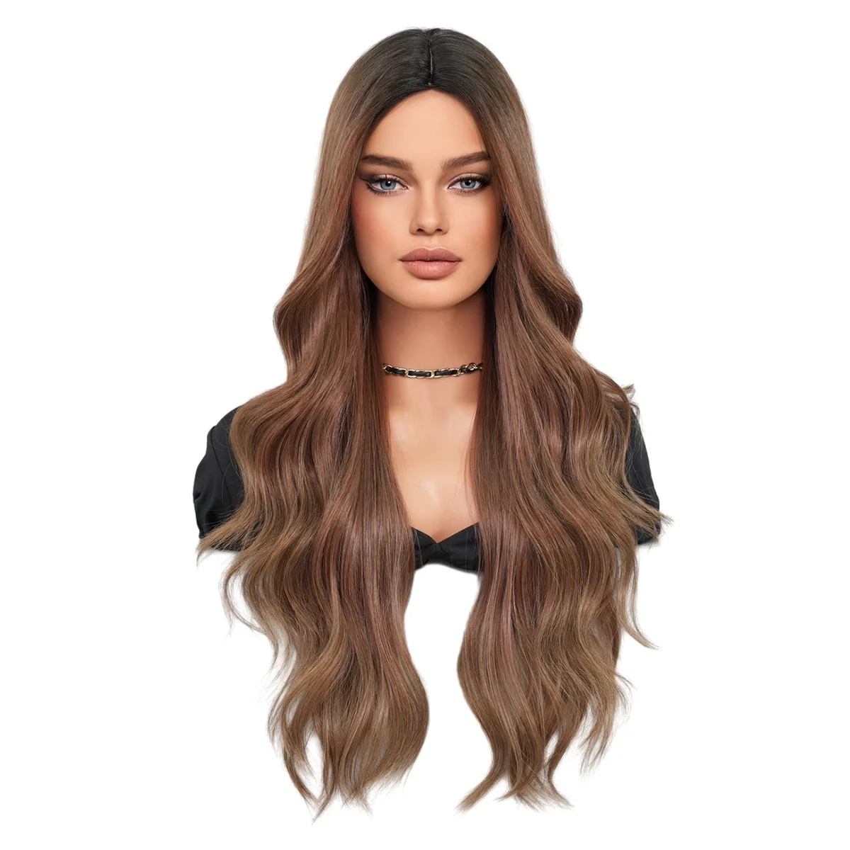 Center Split Brown Gradient Long Hair Wave Synthetic Fiber Headwear Ombre Brown Wigs