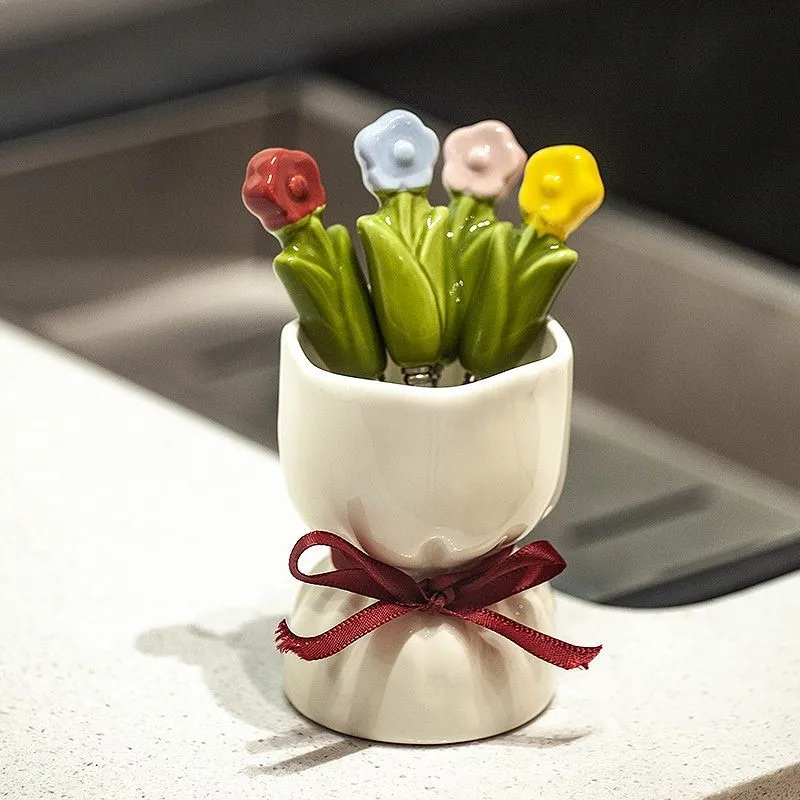 Cute Tableware Exquisite Fruit Fork Household Flower Tulip Shaped Dessert Fork Ceramic 304 Stainless Steel Fruit Fork 4PCS ZI93