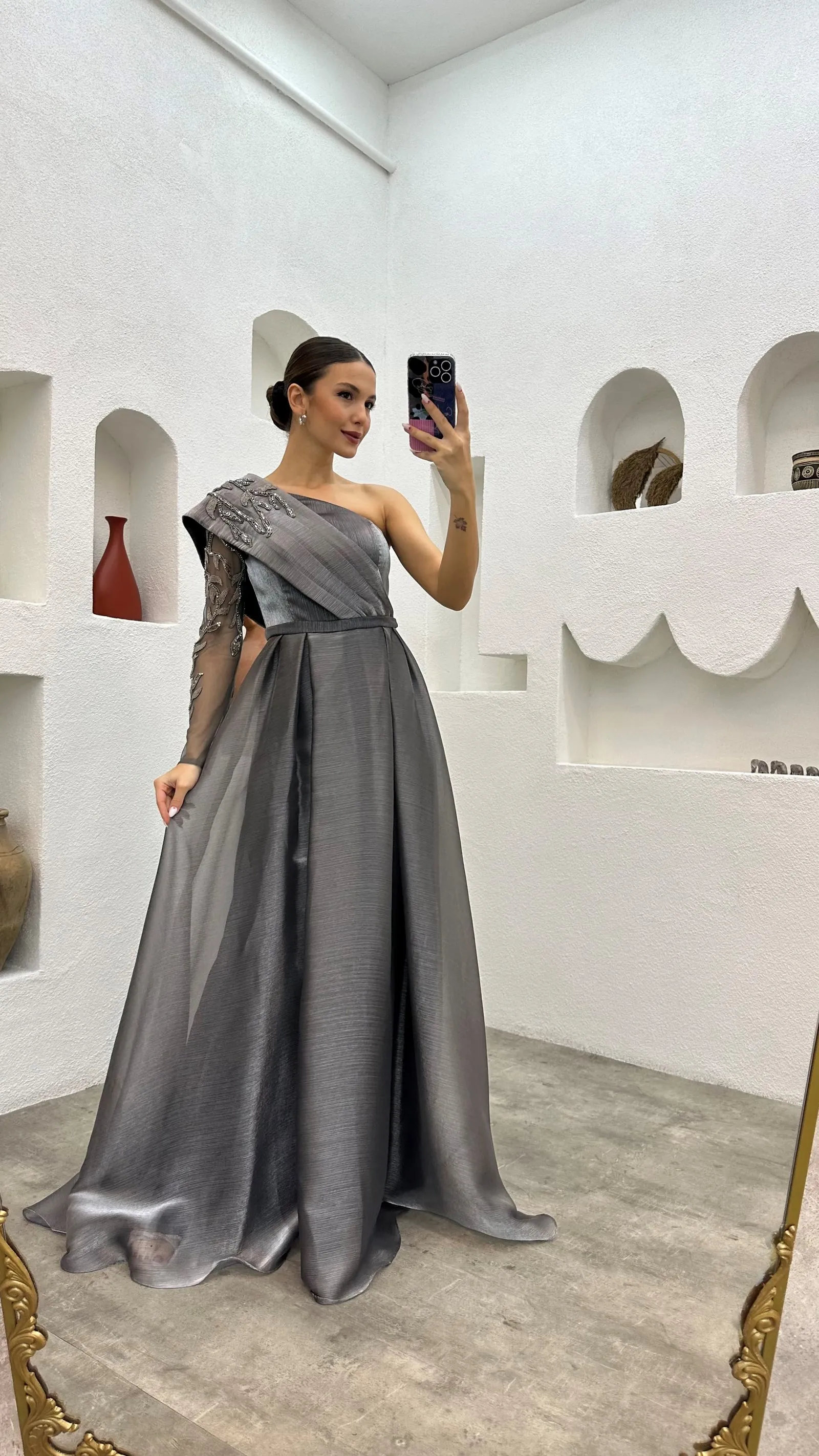 

Customized One shoulder Silver Prom Dresses A-line Formal Women Party Evening Dresses Floor-Length Bridesmaid Dresses Pleats