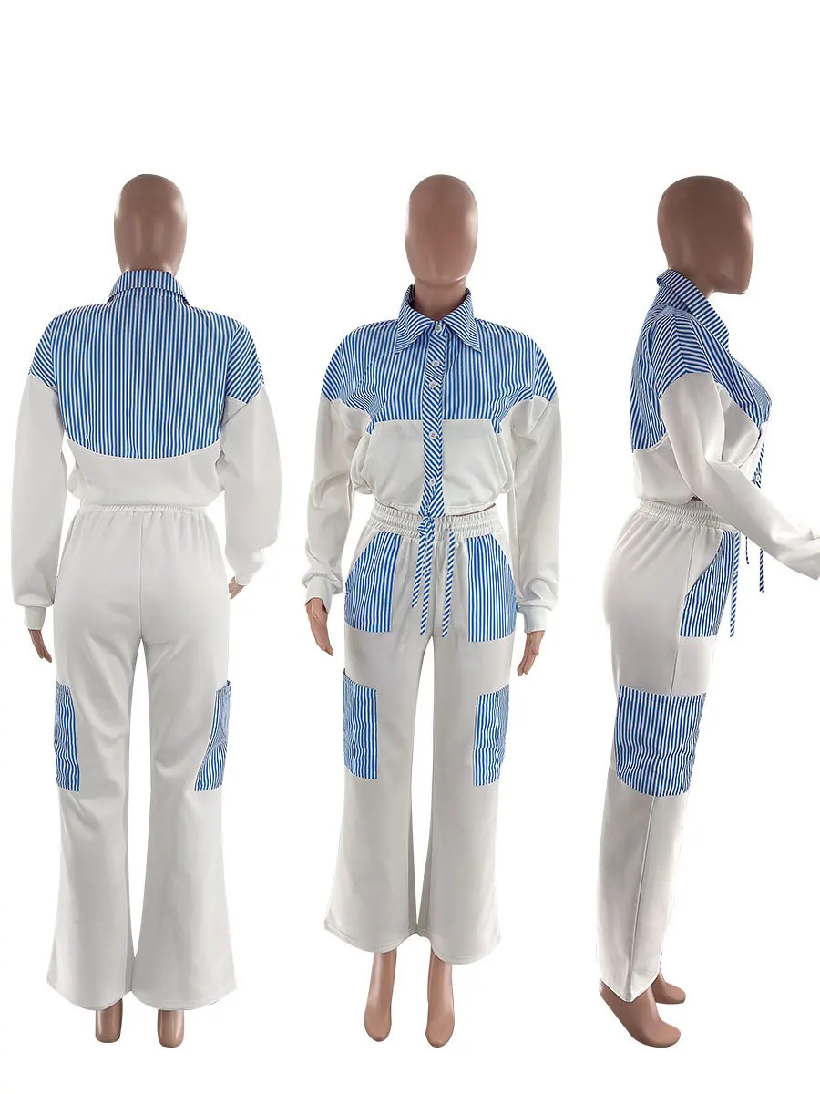 Set Celana Wanita Dua Potong Set Kemeja Cocok Kerah Lipat Bergaris Atasan Kemeja Celana Panjang Kaki Lebar Pinggang Tinggi Kasual Longgar