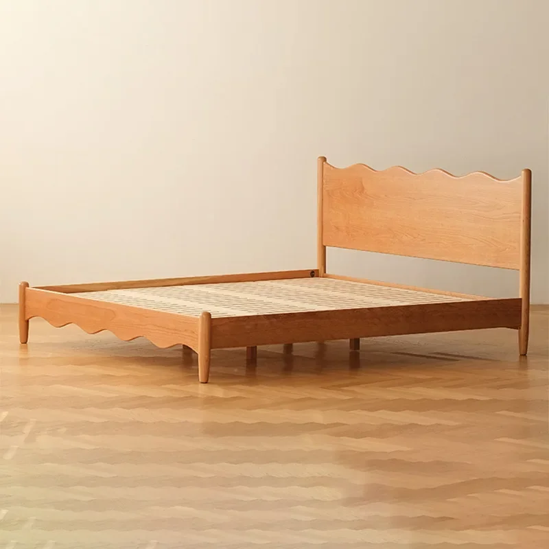 

Solid wood bed Cherry wood Japanese-style small apartment retro wavy edge simple log 1.8 meters double bed