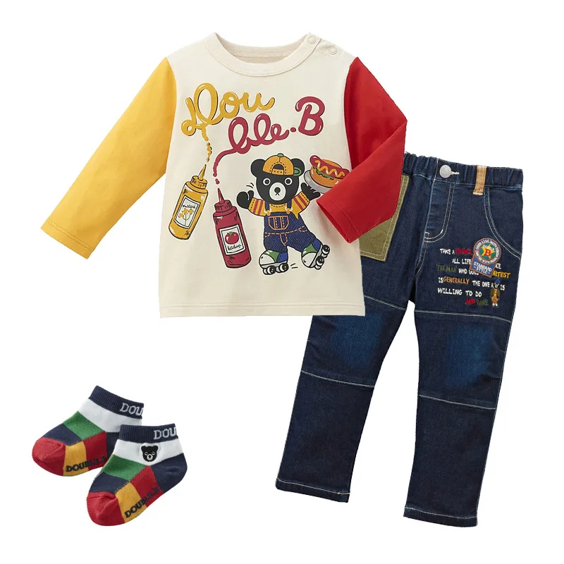 Autumn New Boys T-Shirt Cartoon Black Bear Burger Print Long Sleeve Top