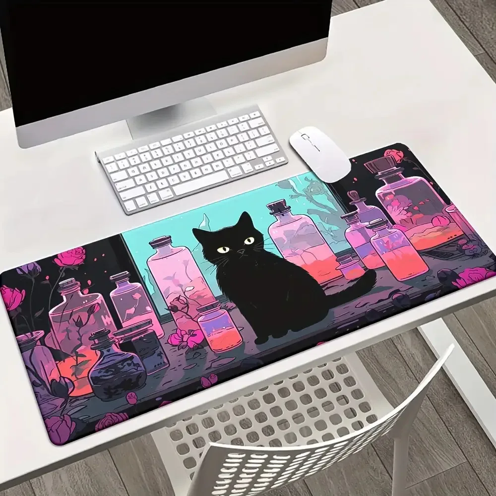 

Коврик для мыши с черным котом представляет собой водонепроницаемый противоскользящий резиновый коврик с летучей мышью и бутылками для лекарств, подходит для игрового офиса.