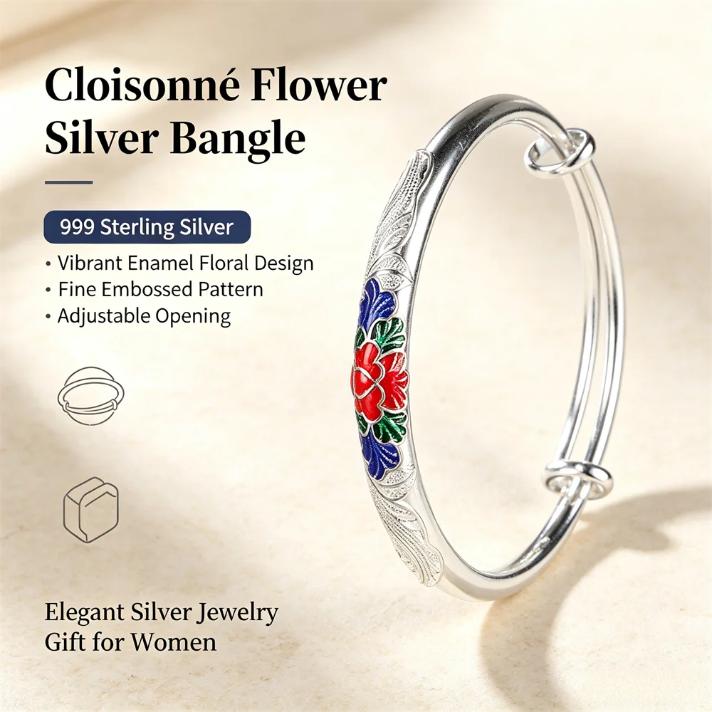 OUYADI Ethnic Enamel Cloisonne Flower Silver Bangle 999 Fine Silver Adjustable Push Pull Bracelet Women Fashion Party Jewelry