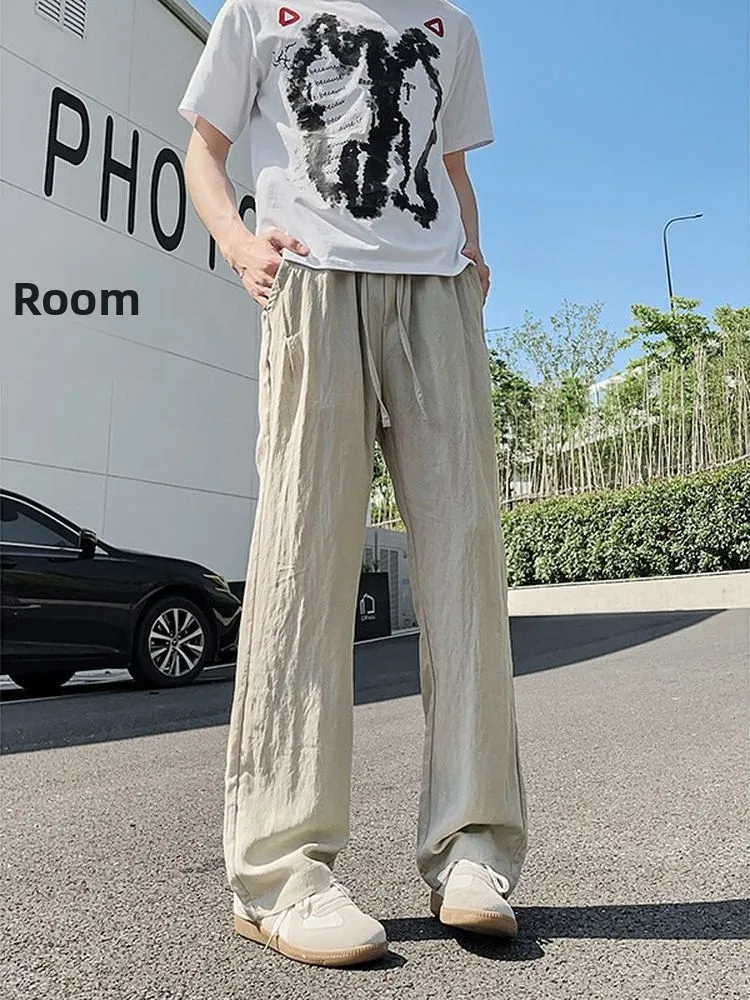 

Повседневные мужские льняные брюки из ледяного шелка больших размеров, свободные широкие брюки, летние тонкие брюки Qui Dry прямого кроя, модный бренд