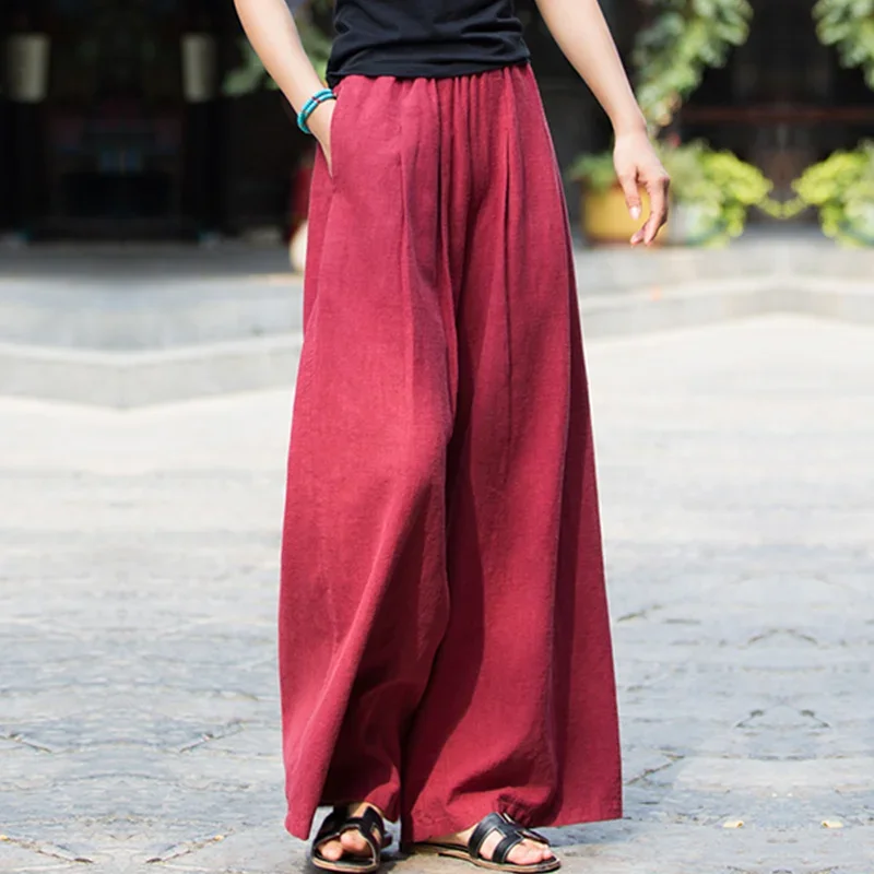 

Pop Elegant Women's Cotton Linen Baggy Cargo Pants Vintage Elastic Waist Yoga Trousers Loose Casual Long Wide Leg Oversize Cloth