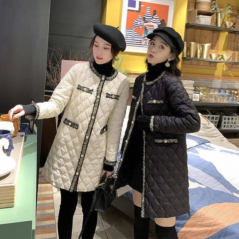 

Elegant O Neck Button Lightweight Women Long Warm Outerwear Tassels Patchwork Female Black Padded Jacket 2021 Winter Wadded Coat