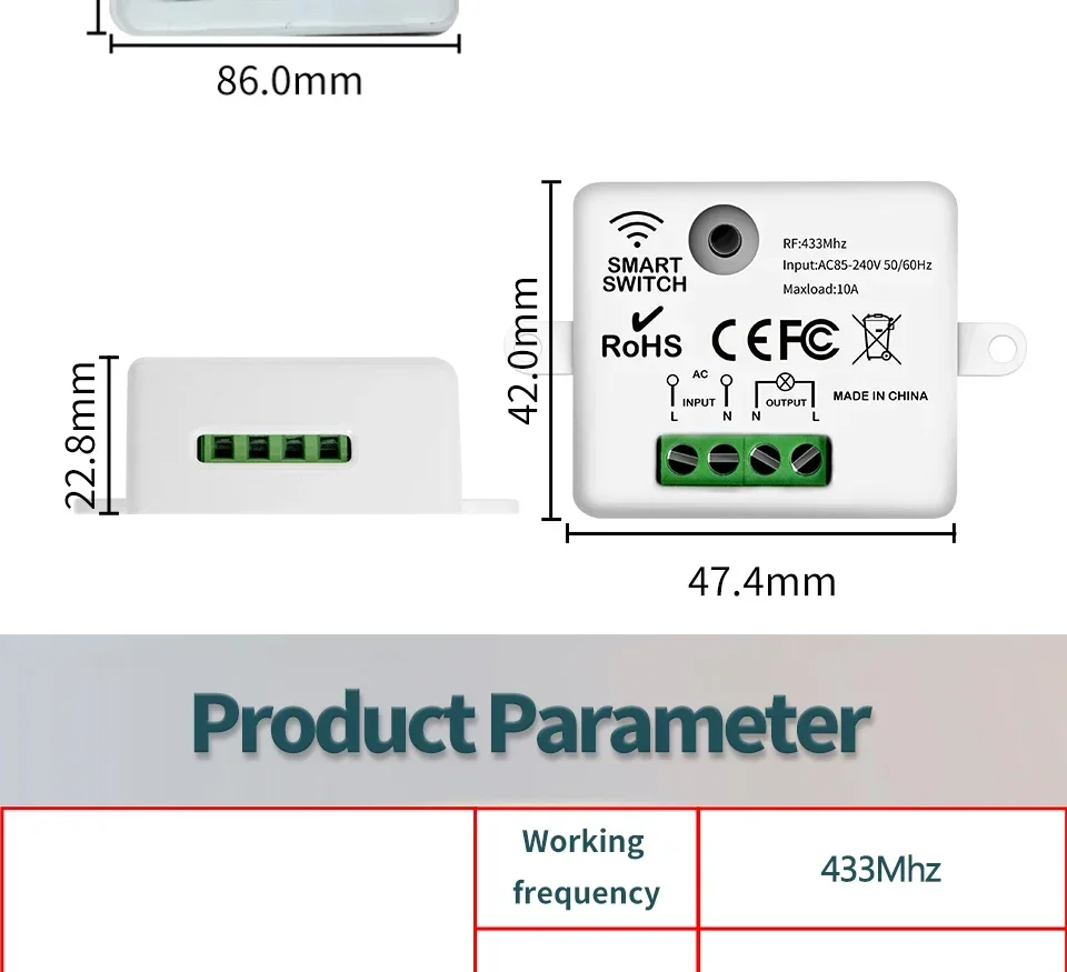 RF 433Mhz Drahtloser Fernbedienungs-Lichtschalter 10A Relais-Controller Mini-Modul Wandpanel Smart-Schalter für LED-Lampe AC110V 220V – Detail 15