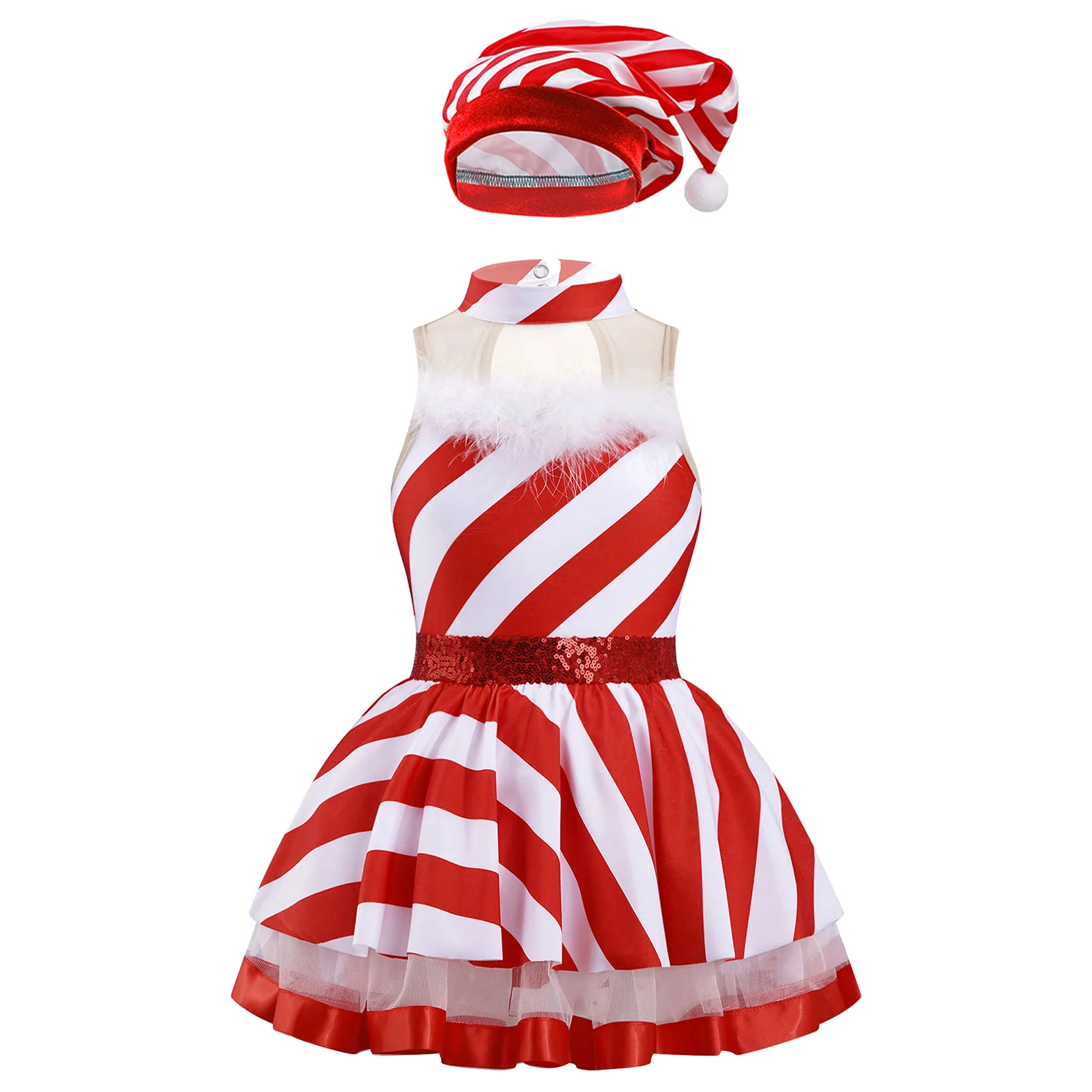 

Kids Girls Mrs Santa Claus Costume Christmas Candy Cane Princess Dress Sleeveless Mesh Stripes Leotard Tutu Dress Dancewear 2023